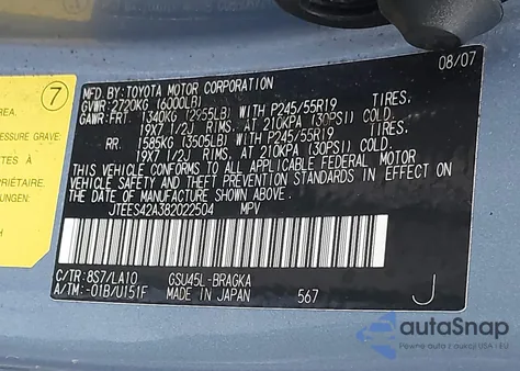 2008 Toyota Highlander Limited z USA, uszkodzony, nr VIN JTEES42A382022504